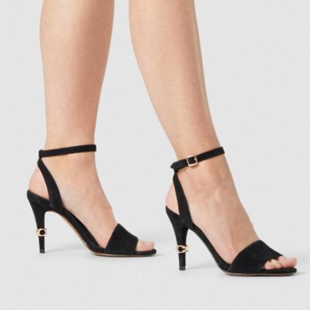 Coach Regina Sue Heel Strappy Sandals Suede Leather Black Gold